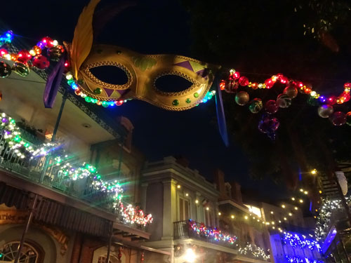 Mardi gras themed Christmas decorations.